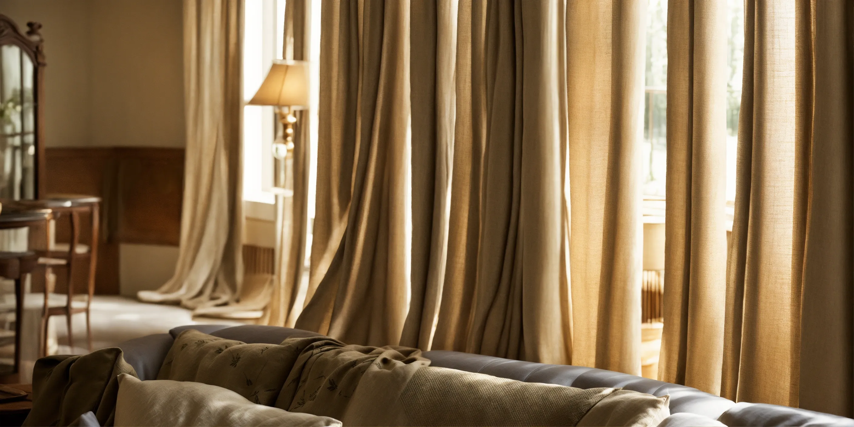 Sunlight streaming through sheer organic curtains in a well-ventilated room